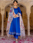 Designer Party Wear Readymade Top Bottom Dupatta Set Royal Blue Rayon Pant Anarkali Close-up View