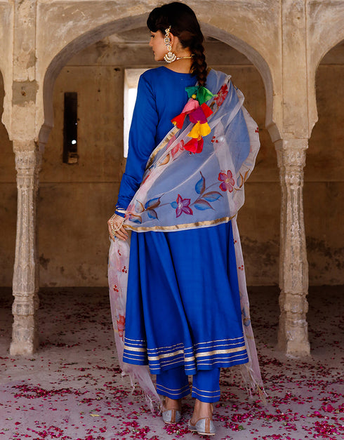 Designer Party Wear Readymade Top Bottom Dupatta Set Royal Blue Rayon Pant Anarkali Back View