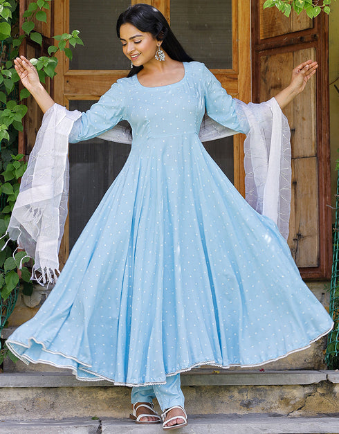 Designer Party Wear Readymade Top Bottom Dupatta Set Sky Blue Rayon Pant Anarkali Front View