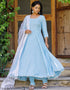 Designer Party Wear Readymade Top Bottom Dupatta Set Sky Blue Rayon Pant Anarkali Close-up View