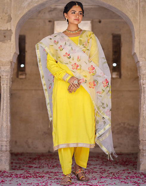 Designer Party Wear Readymade Top Bottom Dupatta Set Yellow Rayon Pant Straight Front View