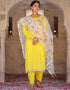 Designer Party Wear Readymade Top Bottom Dupatta Set Yellow Rayon Pant Straight Front View