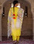 Designer Party Wear Readymade Top Bottom Dupatta Set Yellow Rayon Pant Straight Close-up View