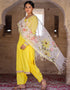 Designer Party Wear Readymade Top Bottom Dupatta Set Yellow Rayon Pant Straight Back View