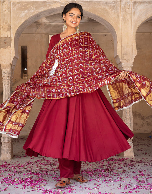 Designer Party Wear Readymade Top Bottom Dupatta Set Maroon Rayon Pant Anarkali Front View
