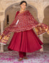 Designer Party Wear Readymade Top Bottom Dupatta Set Maroon Rayon Pant Anarkali Front View