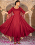 Designer Party Wear Readymade Top Bottom Dupatta Set Maroon Rayon Pant Anarkali Close-up View