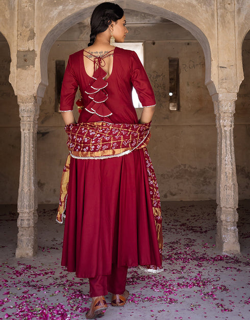 Designer Party Wear Readymade Top Bottom Dupatta Set Maroon Rayon Pant Anarkali Back View