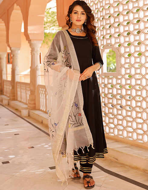 Designer Party Wear Readymade Top Bottom Dupatta Set Black Rayon Pant Anarkali Front View