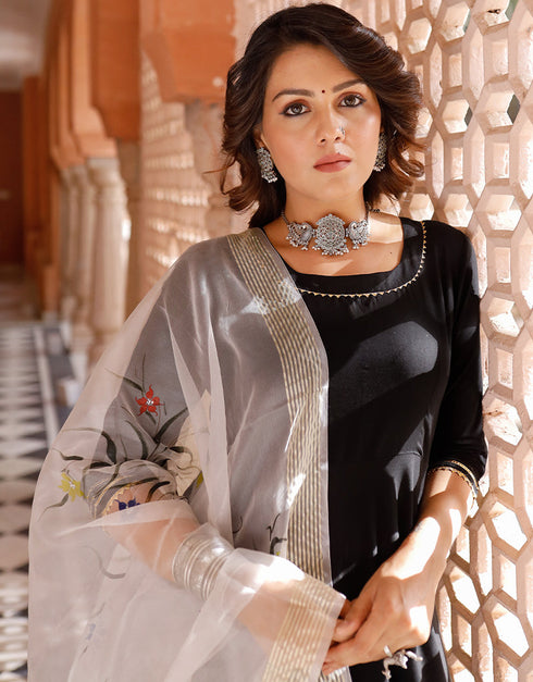 Designer Party Wear Readymade Top Bottom Dupatta Set Black Rayon Pant Anarkali Close-up View