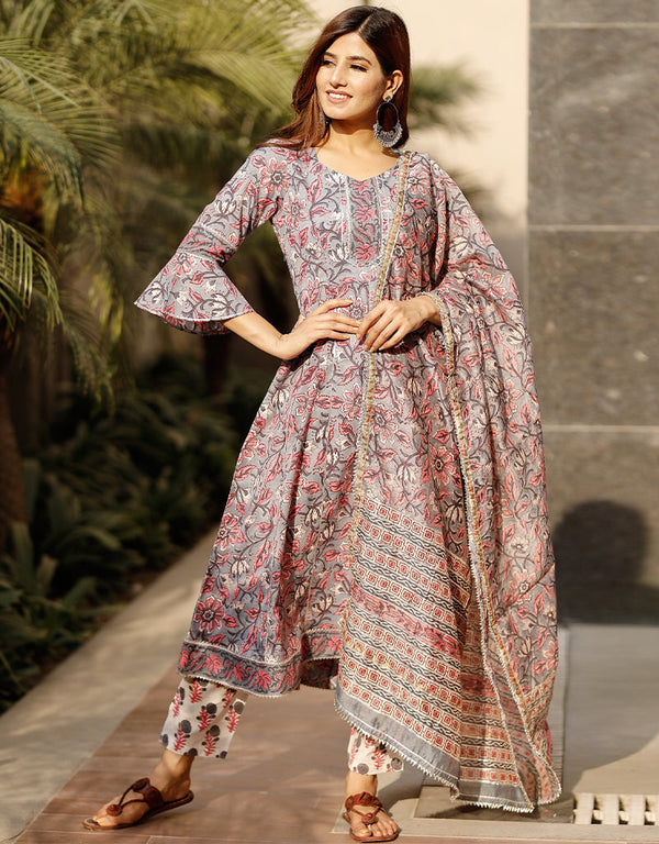 Designer Party Wear Readymade Top Bottom Dupatta Set Grey Cotton Pant Anarkali Front View