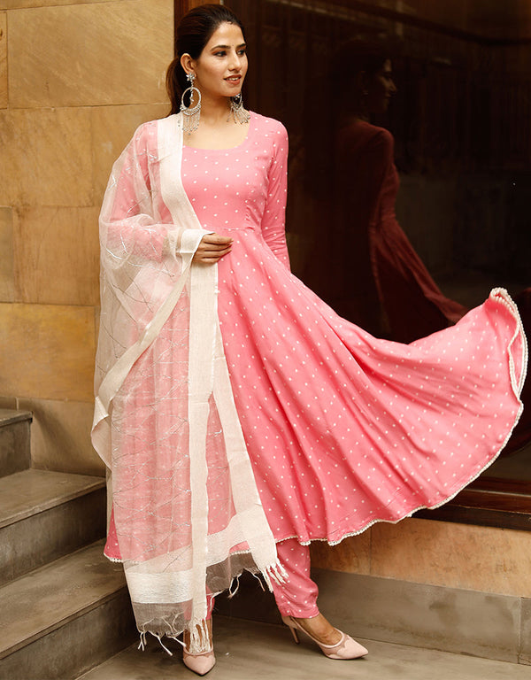 Designer Party Wear Readymade Top Bottom Dupatta Set Baby Pink Rayon Pant Anarkali Front View