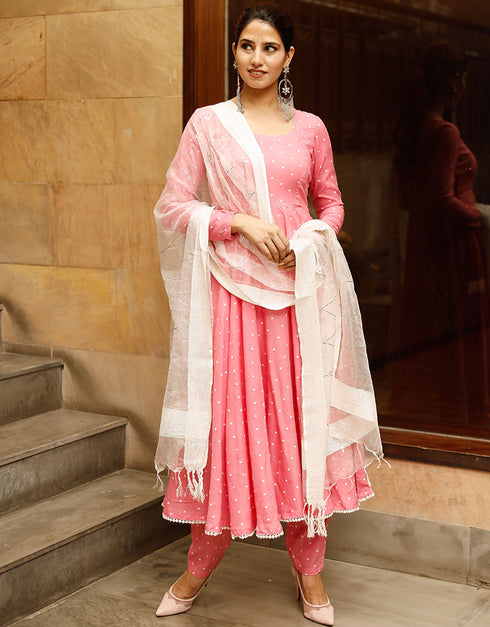 Designer Party Wear Readymade Top Bottom Dupatta Set Baby Pink Rayon Pant Anarkali Close-up View