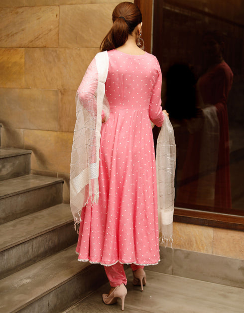 Designer Party Wear Readymade Top Bottom Dupatta Set Baby Pink Rayon Pant Anarkali Back View