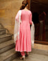 Designer Party Wear Readymade Top Bottom Dupatta Set Baby Pink Rayon Pant Anarkali Back View