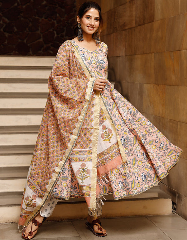 Designer Party Wear Readymade Top Bottom Dupatta Set Peach Cotton Pant Anarkali Front View