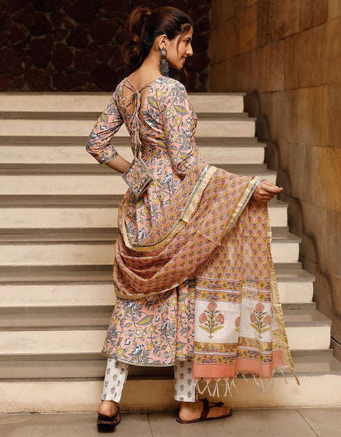 Designer Party Wear Readymade Top Bottom Dupatta Set Peach Cotton Pant Anarkali Close-up View