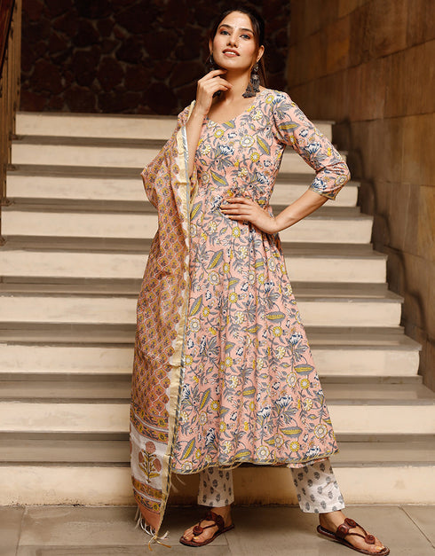 Designer Party Wear Readymade Top Bottom Dupatta Set Peach Cotton Pant Anarkali Back View