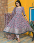 Designer Party Wear Readymade Top Bottom Dupatta Set Grey Cotton Pant Anarkali Front View