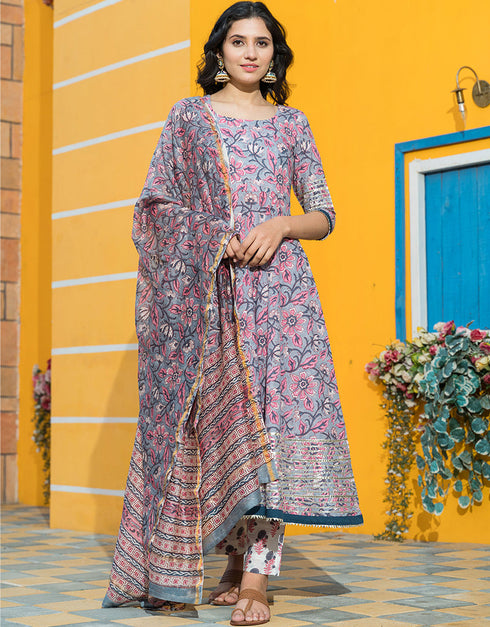 Designer Party Wear Readymade Top Bottom Dupatta Set Grey Cotton Pant Anarkali Close-up View