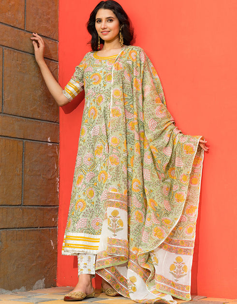 Designer Party Wear Readymade Top Bottom Dupatta Set Pastel Green Cotton Pant Anarkali Front View