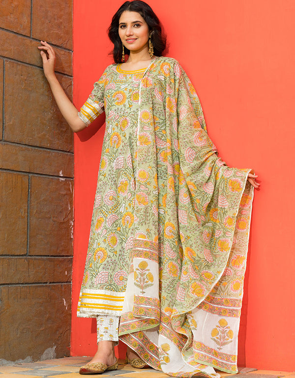 Designer Party Wear Readymade Top Bottom Dupatta Set Pastel Green Cotton Pant Anarkali Front View