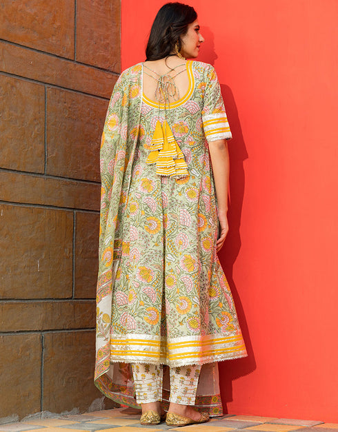 Designer Party Wear Readymade Top Bottom Dupatta Set Pastel Green Cotton Pant Anarkali Close-up View