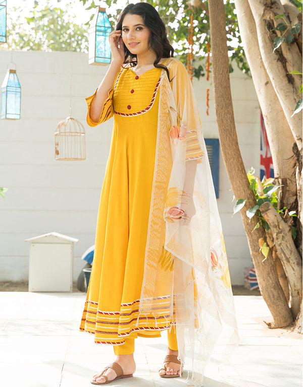 Designer Party Wear Readymade Top Bottom Dupatta Set Mustard Yellow Rayon Pant Straight Front View