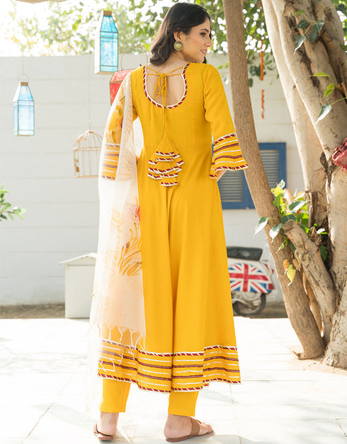 Designer Party Wear Readymade Top Bottom Dupatta Set Mustard Yellow Rayon Pant Straight Close-up View