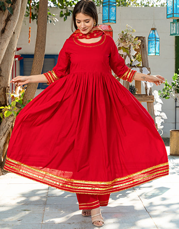Designer Party Wear Readymade Top Bottom Dupatta Set Royal Red Cotton Palazzo Anarkali Front View