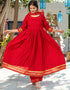 Designer Party Wear Readymade Top Bottom Dupatta Set Royal Red Cotton Palazzo Anarkali Front View
