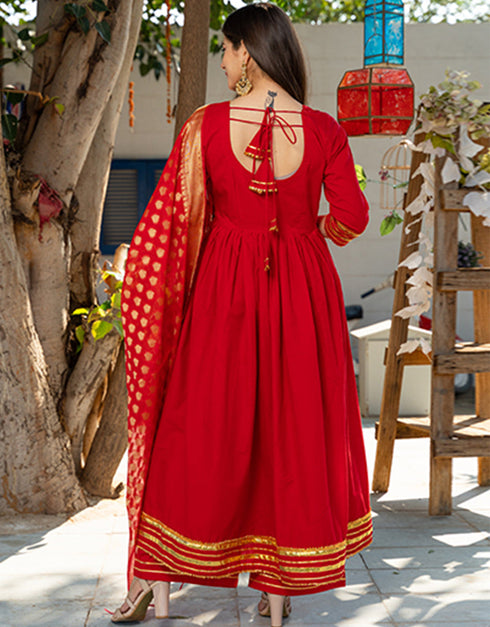 Designer Party Wear Readymade Top Bottom Dupatta Set Royal Red Cotton Palazzo Anarkali Close-up View
