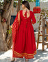 Designer Party Wear Readymade Top Bottom Dupatta Set Royal Red Cotton Palazzo Anarkali Close-up View