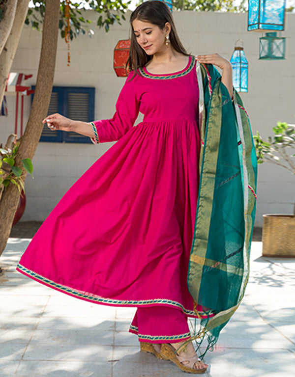 Designer Party Wear Readymade Top Bottom Dupatta Set Pink Cotton Palazzo Anarkali Front View