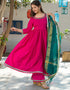 Designer Party Wear Readymade Top Bottom Dupatta Set Pink Cotton Palazzo Anarkali Front View