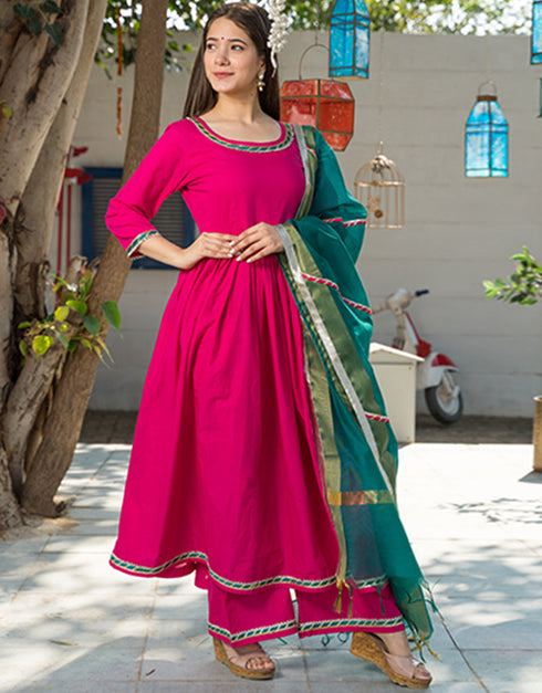 Designer Party Wear Readymade Top Bottom Dupatta Set Pink Cotton Palazzo Anarkali Close-up View