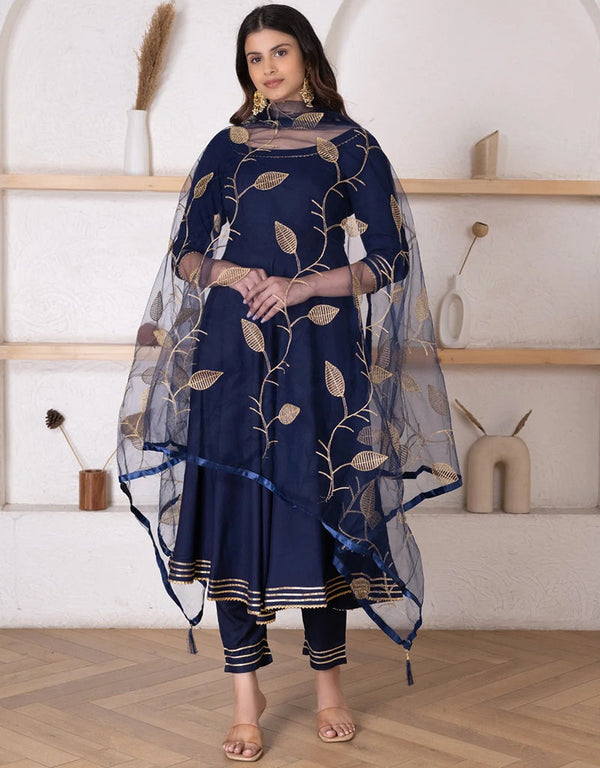 Designer Party Wear Readymade Top Bottom Dupatta Set Navy Blue Rayon Pant Anarkali Front View