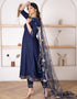 Designer Party Wear Readymade Top Bottom Dupatta Set Navy Blue Rayon Pant Anarkali Close-up View
