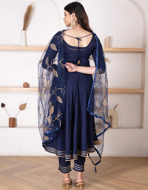 Designer Party Wear Readymade Top Bottom Dupatta Set Navy Blue Rayon Pant Anarkali Back View