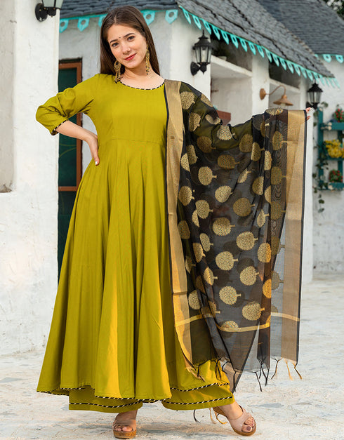 Designer Party Wear Readymade Top Bottom Dupatta Set Parrot Green Rayon Palazzo Anarkali Front View