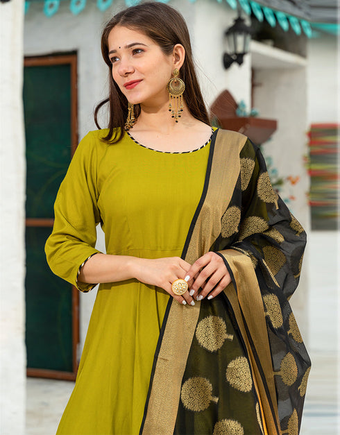 Designer Party Wear Readymade Top Bottom Dupatta Set Parrot Green Rayon Palazzo Anarkali Back View