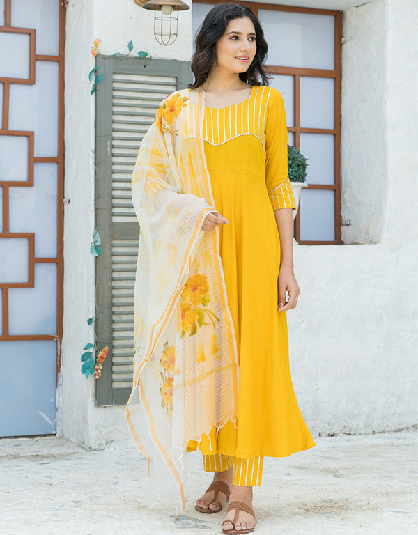 Designer Party Wear Readymade Top Bottom Dupatta Set Yellow Rayon Pant Anarkali Front View