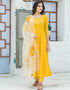 Designer Party Wear Readymade Top Bottom Dupatta Set Yellow Rayon Pant Anarkali Front View