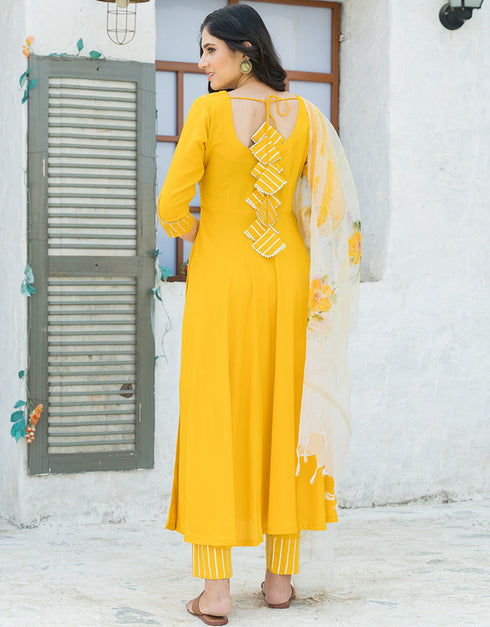 Designer Party Wear Readymade Top Bottom Dupatta Set Yellow Rayon Pant Anarkali Back View