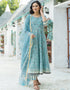 Designer Party Wear Readymade Top Bottom Dupatta Set Sky Blue Cotton Pant Anarkali Front View