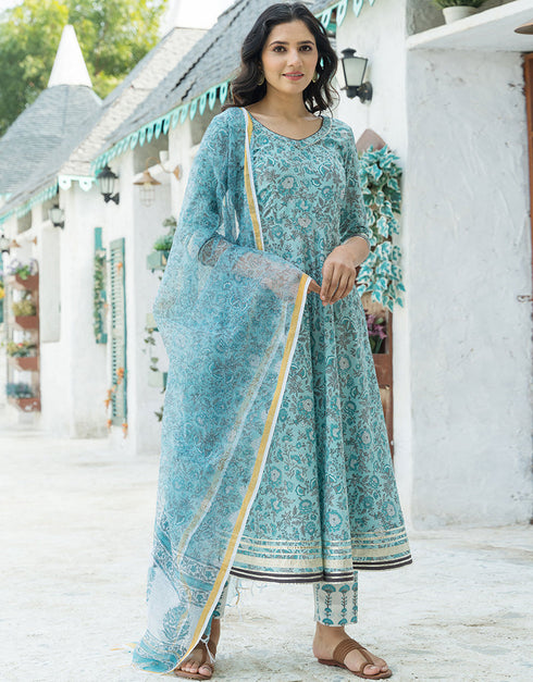 Designer Party Wear Readymade Top Bottom Dupatta Set Sky Blue Cotton Pant Anarkali Close-up View