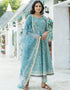 Designer Party Wear Readymade Top Bottom Dupatta Set Sky Blue Cotton Pant Anarkali Close-up View