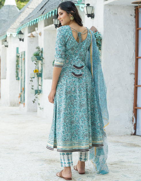 Designer Party Wear Readymade Top Bottom Dupatta Set Sky Blue Cotton Pant Anarkali Back View