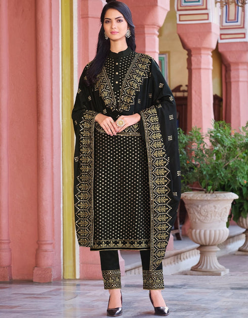 Black Pant style Suit Faux Georgette Salwar Kameez in Embroidery, Sequins & Lace Work