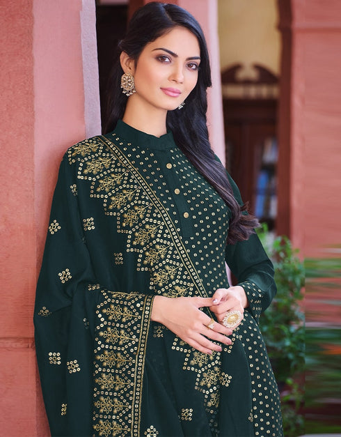 Green Pant style Suit Faux Georgette Salwar Kameez in Embroidery, Sequins & Lace Work Closure View